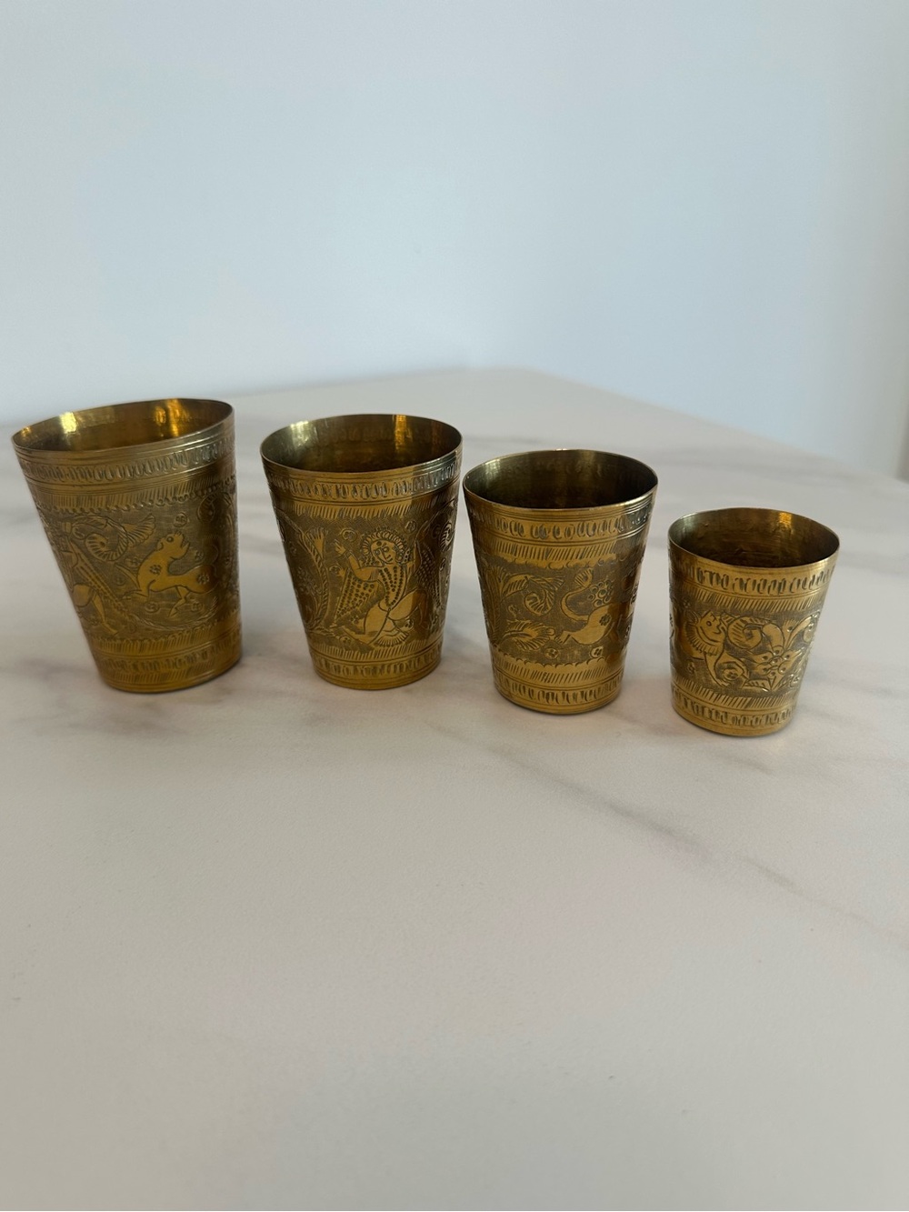 Set of 4 Brass Engraved Antique Indian Nesting Lassi Beaker Set